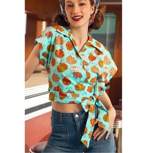 ModCloth x Marisol Ladybug Camp Collar Short Sleeve Wrap Shirt Blue NWT Medium